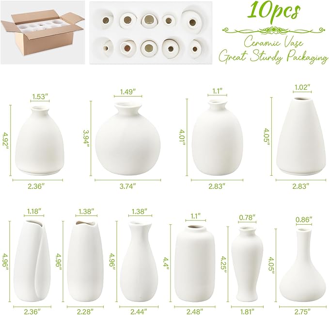 10pc Ceramic Bud Vases Set - 2-3 Inch White Small Vases Collection for Flowers | Boho & Modern Ceramic Vase Set for Table Décor, Wedding, Cute Vase Home Decor