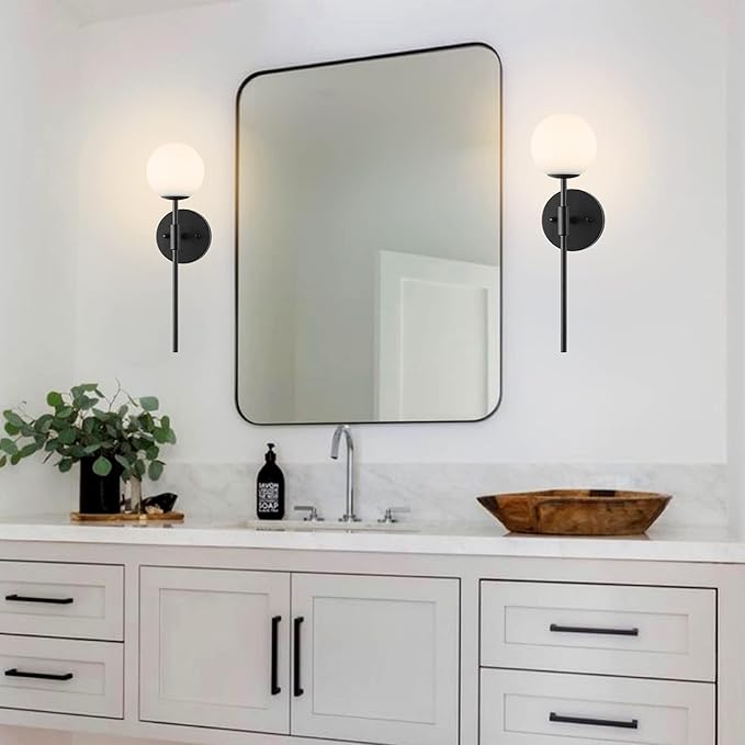 Mid Century Modern Wall Lamp 2 Pack with White Globe Glass Shades Matte Black Wall Sconce Bathroom Vanity Lighting Industrial Farmhouse Wall Light Fixtures for Mirror Bedroom Living Room