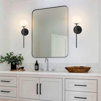 Mid Century Modern Wall Lamp 2 Pack with White Globe Glass Shades Matte Black Wall Sconce Bathroom Vanity Lighting Industrial Farmhouse Wall Light Fixtures for Mirror Bedroom Living Room