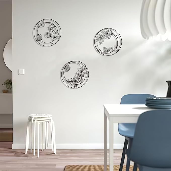 Pinetree Art 3 Pieces Metal Flowers Wall Decor, Modern Black Circle Floral Wall Art, Rustic Farmhouse Butterfly and Flower Wall Decor for Bathroom Kitchen Living Room Garden Office (black)