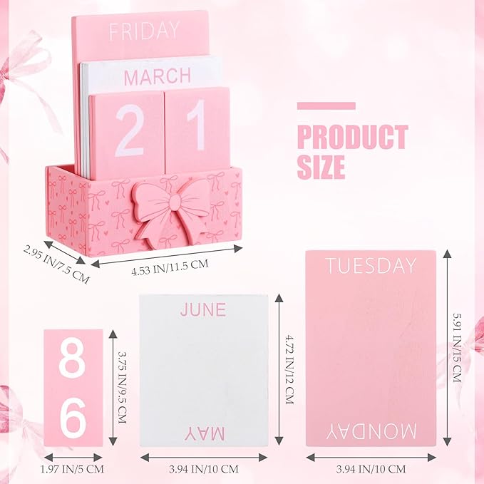 Pink Bow Wood Block Perpetual Calendar Coquettish Desk Decor Cute Month Week Date Display Decorative Block Calendar for Women Office Home Desk Gift for Women