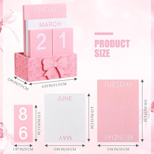 Pink Bow Wood Block Perpetual Calendar Coquettish Desk Decor Cute Month Week Date Display Decorative Block Calendar for Women Office Home Desk Gift for Women
