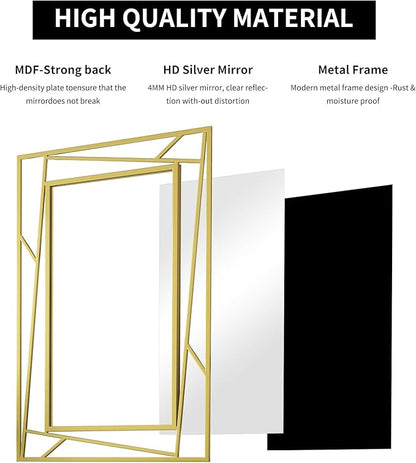 Brushed Gold Bathroom Mirror, 48''X24'' Rectangular Wall Mirrors with Geometric Metal Frame for Bathroom Bedroom Living Room, Hang Horizontally or Vertically