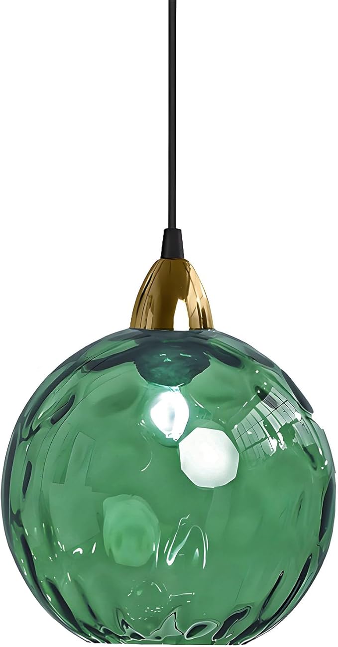 20cm/7.9’’ Industrial Vintage Spherical Glass Pendant Light, E26 Ceiling Hanging Lamp, Gold Finish & Ripple Glass Globe Shade, Dining Room Bedroom Chandelier (Green)