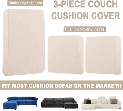 Sectional Couch Covers for 3-Piece Seat Cushion Velvet Separate L Shape Couch Cover Stretch Sofa Slipcover with 2 Pieces Pillowcases Furniture Protector (Sofa 2 Seater + 1 Chaise, Beige)