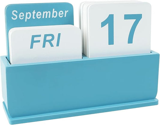 Wooden Block Perpetual Calendar for Desk, Daily Desktop Standing Flip Calendar with Large Display, Modern Farmhouse Aesthetic Desk Accessories for Home Office Decor, Reusable Yearly, Blue