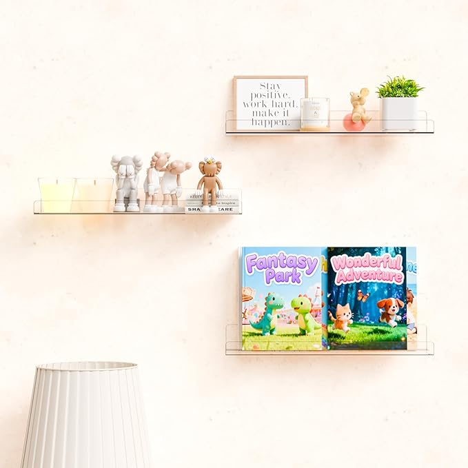 Yieach 6 Pack 15" Acrylic Shelves for Wall,Bathroom,Bedroom - with Adhesive - No Drilling Clear Floating Shelves for Funko Pop,Lego,Action Figures,Nail Polish,Perfume Shelf and Wall Storage & Display