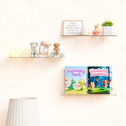 Yieach 6 Pack 15" Acrylic Shelves for Wall,Bathroom,Bedroom - with Adhesive - No Drilling Clear Floating Shelves for Funko Pop,Lego,Action Figures,Nail Polish,Perfume Shelf and Wall Storage & Display