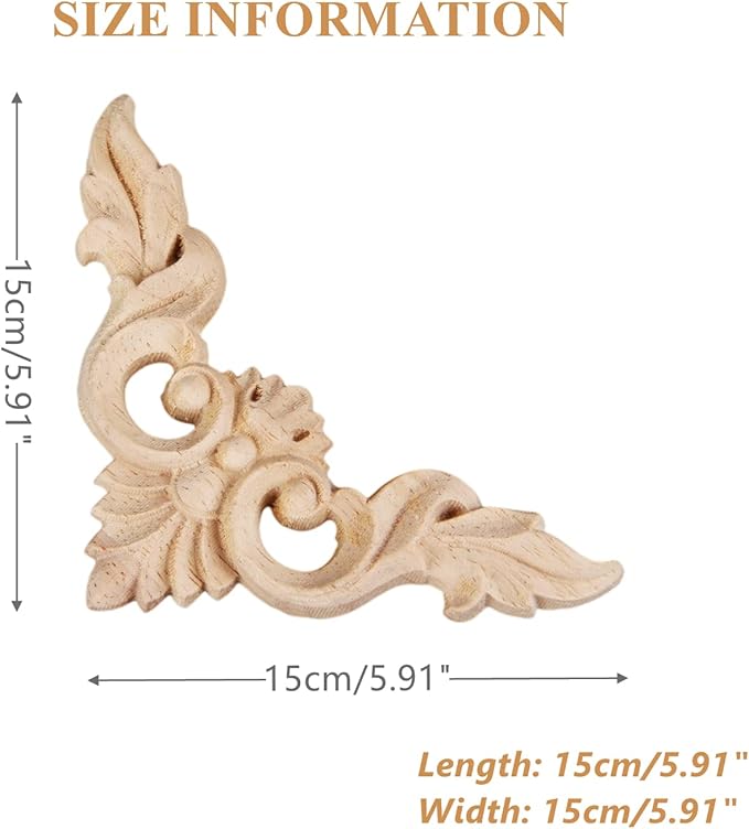 MUXSAM 4Pcs Wood Carved Appliques Onlays, Unpainted Little Wooden Corners Flower Carvings Decals for Mirrors Cabinets Walls Doors Chests Dressers Night Stand DIY Artwork Project, 15x15cm/5.9"x5.9"