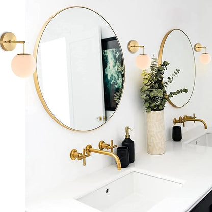 Modern Wall Sconce Industrial Mid Century Bathroom Vanity Wall Light with White Globe Glass Lampshade Brushed Brass Finished Lighting Fixture (Gold Color)