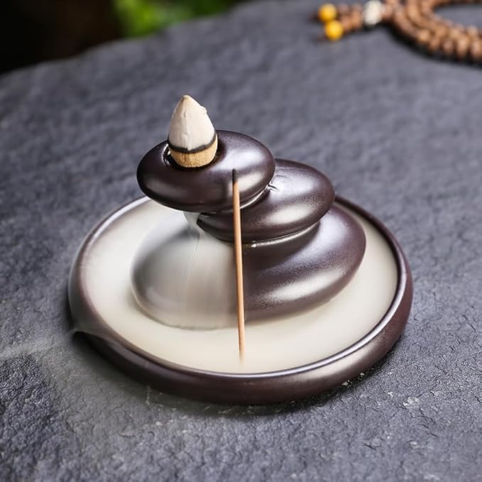 Zen Backflow Incense Burner, Ceramic Waterfall Incense Holder for Cone & Stick Incense, Handmade Three-Stone Design Aromatherapy Decor for Home, Yoga, Meditation, Relaxation