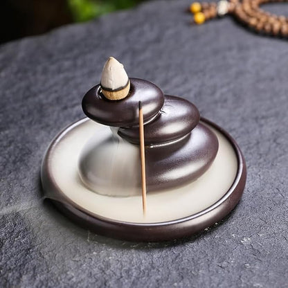 Zen Backflow Incense Burner, Ceramic Waterfall Incense Holder for Cone & Stick Incense, Handmade Three-Stone Design Aromatherapy Decor for Home, Yoga, Meditation, Relaxation