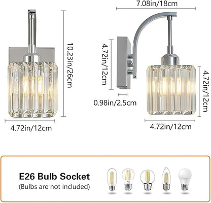 Wall Sconces, Set of 2 Chrome Crystal Vanity Lights, Modern Wall Lamp for Bathroom, Hallway, and Makeup, Easy Installation