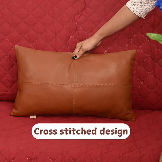 100% Lambskin Leather Pillow Cover - Sofa Cushion Case - Decorative Throw Covers for Living Room & Bedroom, 20x28 Inch - Mango Tan Antique Plain Pack of 2