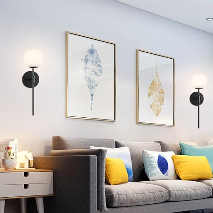 Mid Century Modern Wall Lamp 2 Pack with White Globe Glass Shades Matte Black Wall Sconce Bathroom Vanity Lighting Industrial Farmhouse Wall Light Fixtures for Mirror Bedroom Living Room