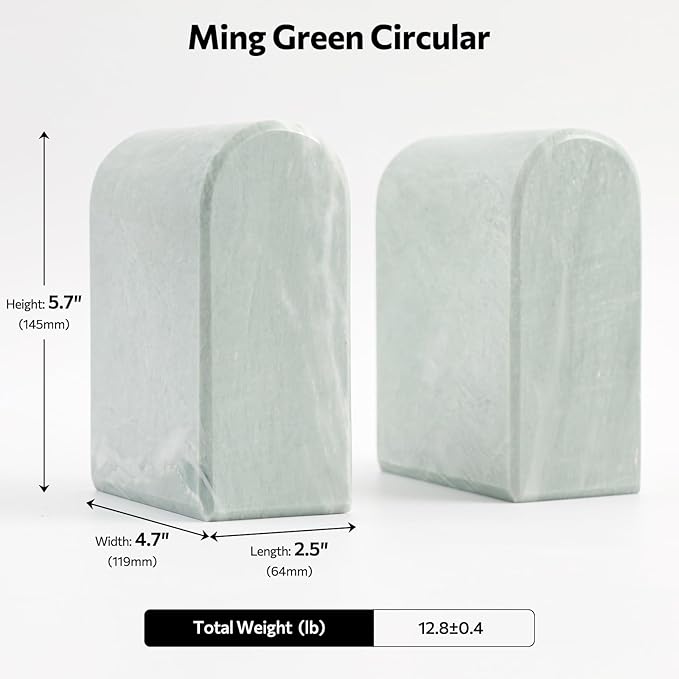 Luxury Marble Bookends for Shelves, 13LB Heavy Duty Marble Book Ends for Heavy Books, Stone Bookends Decorative, Polished, Light Green Arch, Set of 2