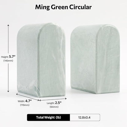 Luxury Marble Bookends for Shelves, 13LB Heavy Duty Marble Book Ends for Heavy Books, Stone Bookends Decorative, Polished, Light Green Arch, Set of 2