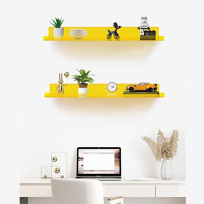 ROYALITA 24 Inches Acrylic Floating Book Shelves Wall Mounted Set of 2, Wall Hanging Plant Display Shelves, Room Decor Floating Wall Shelves for Gaming Room, Bedroom, Living Room, Office, Yellow