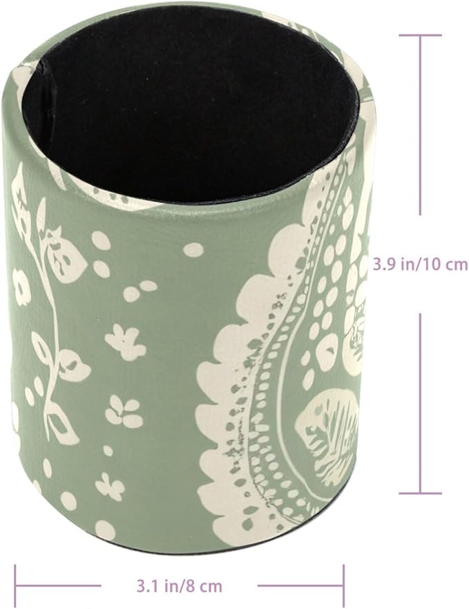 Sage Green Flowers Leaves and Dots Pattern Pen Pencil Holder for Desk, Pen Pencil Cup Table Stationery Organizer Makeup Brush Holder for School Home Office Supplies