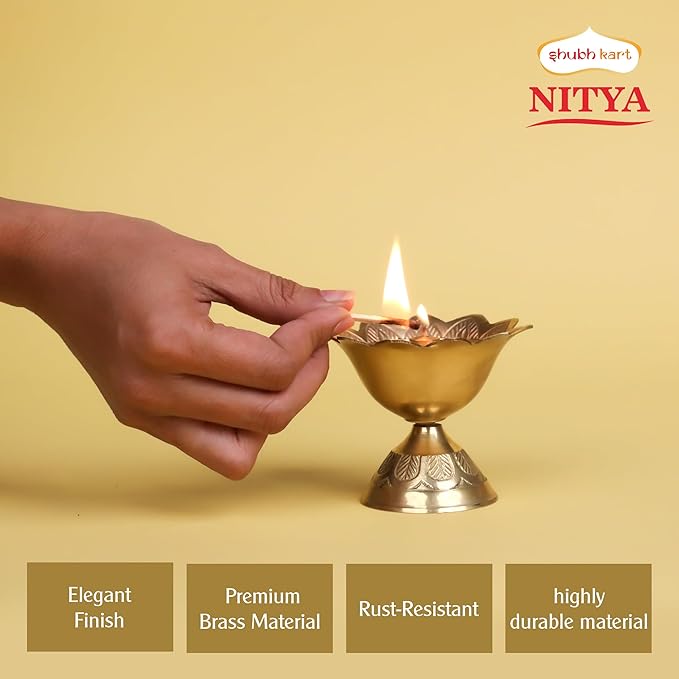 Shubhkart Brass Oil Lamp for Puja/ Burner/ Diya for Diwali Pooja | Indian Pooja Oil Lamp, Golden Diya Lamp, 3" Devas Diya | Engraved Floral Design