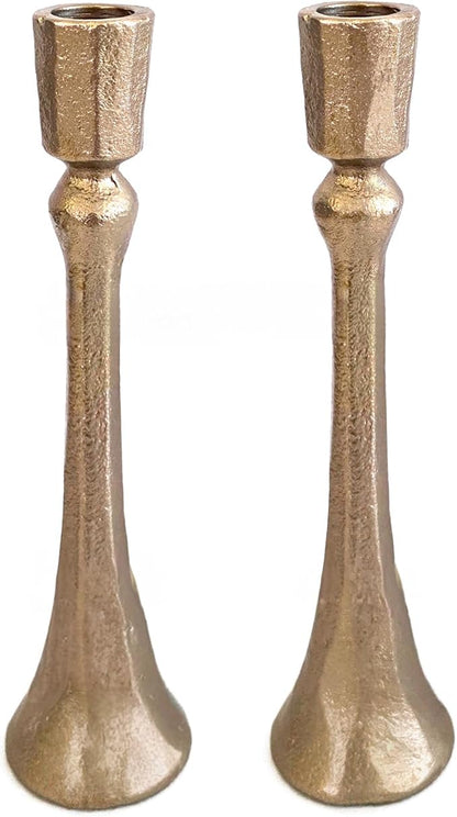 Yair Emanuel Tapered Shabbat Candle Holders Pair – Rustic Sculpted Design in Brass or Silver Finish Judaica Gift for Weddings, Shabbat and Holidays (Ancient Brass, 8.3 Inch)