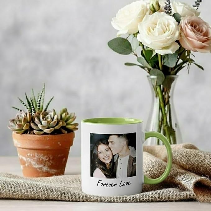 Custom Photo Coffee Mug, Personalized Forever Love Design Ceramic Cup for Anniversary Boyfriend Girlfriend Dishwasher Safe, 11oz (Green)