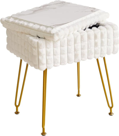 IBUYKE Rectangle Vanity Chair with Storage Space, Footrest Footstool Ottoman, Vanity Stool, Dressing Table Chair, with Anti-Slip Feet, for Makeup Room, Bedroom, Square Grid Pattern, White WBD004W