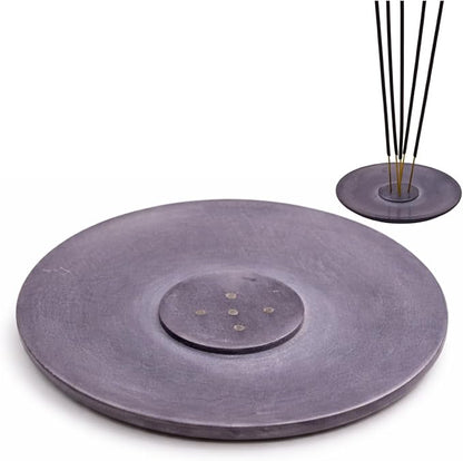 Handmade Natural Grey Marble Incense Stick Holder - Round Incense Burner With Multiple Holes For Incense Sticks. Decorative Ash Catcher For Home and Office Decor. (4 inch Diameter, Grey)