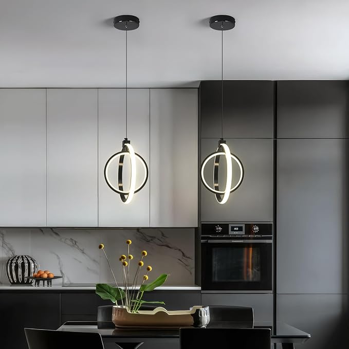 Modern LED Pendant Lights Plated Black Farmhouse Ring Pendant Light Fixtures 4000K Dimmable Round Pendant Lighting for Dining Room Kitchen Island Bedroom Living Room Foyer（2-Pack）
