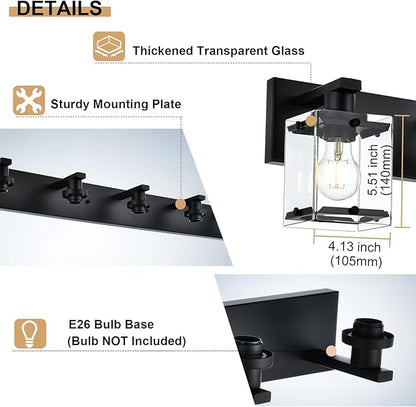 Black 2-Light Wall Sconce Bathroom Light Fixture, Rectangular Clear Glass Vanity Lighting Over Mirror, E26 Bulb Base