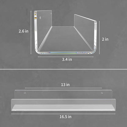 NIUBEE 16.5-Inch Acrylic Floating Bookshelves, 2-Pack, Clear Modern Wall Shelves for Child/Toddler， Invisible Ledge Book Shelves for Nursery/Kids Room/Playroom/Small Spaces.