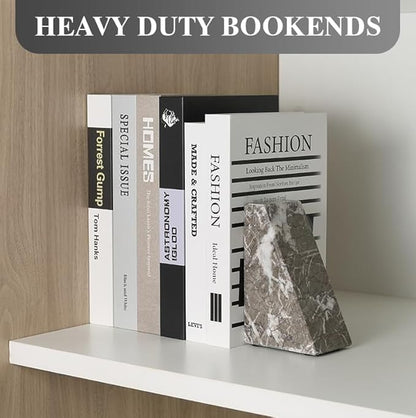Koville Marble Bookends for Shelves, Large Bookends for Heavy Books, Natural Stone Book Stopper for Books CD Movies, Aesthetic Decorative Book Ends, Bookshelf Table Home Decor(Grey)