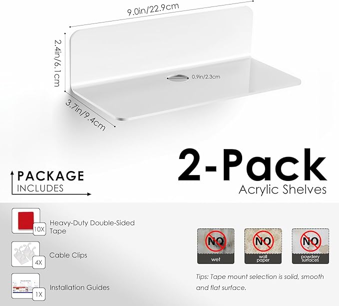 OAPRIRE White Floating Shelves Wall Mounted Set of 2 - Easily Expand Wall Space - Acrylic Hanging Shelves for Bedroom, Gaming Room, Living Room, Bathroom, Office with Cable Clips
