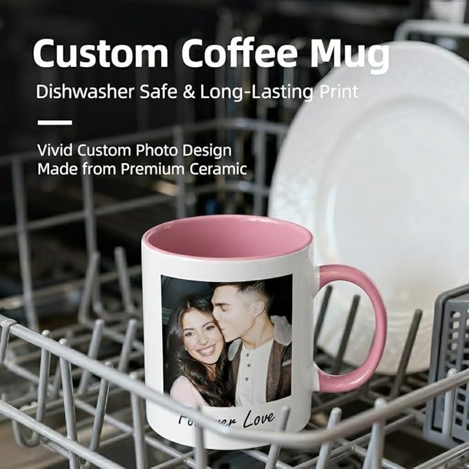 Custom Photo Coffee Mug, Personalized Forever Love Design Ceramic Cup for Anniversary Boyfriend Girlfriend Dishwasher Safe, 11oz (Pink)