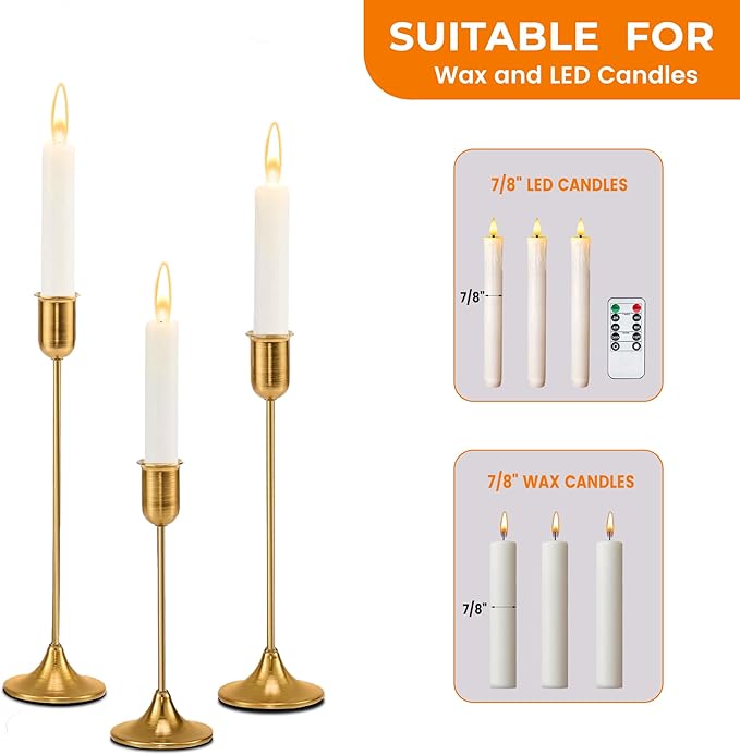 6 Pcs Brass Gold Candle Holders Set, Candelabra Tall Candle Stand, Metal Taper Candlestick Holders for Dining, Table Centerpieces & Vintage Home Decor– Housewarming Gift, Mantel Decor