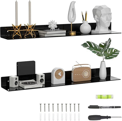 Sezanrpt 36 Inches Acrylic Long Wall Shelf Set of 2, Black Wall Mounted Acrylic Bathroom Storage Shelves Display Organizer, Floating Shelf for Bottle Oragnizer, Spice, Wine, Toys, Controller, Cup