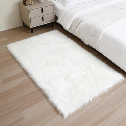 Fluffy Faux Fur Rug White Sheepskin Area Rug,3x5 Ft Ultra Soft Shaggy Plush Rug for Bedroom Bedside Living Room Nursery Kids Room