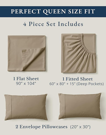 LANE LINEN 100% Organic Cotton Sheets Set Pure Long- Staple Percale Weave - Bedding for Bed Fits Mattress Upto 15" Deep Pocket (Queen Taupe)