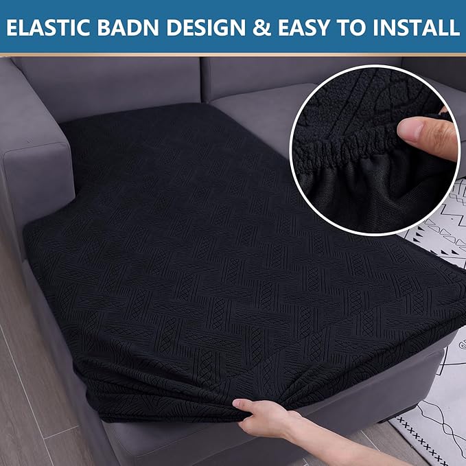 hyha Couch Cushion Covers, Stretch Sofa Seat Cushion Slipcover, Sectional Couch Covers L Shape with Elastic Bottom for Sectional Sofa(Chaise, Black)
