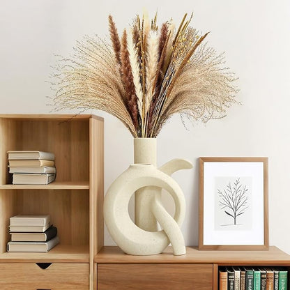 Assemble OK Ceramic Vase Set of 2 for Home Decor, Modern Boho Ins Style Matte Sculptural Flower Vase for Table Centerpiece, Living Room, Shelf, Mantle, Housewarming Gift (Beige White)