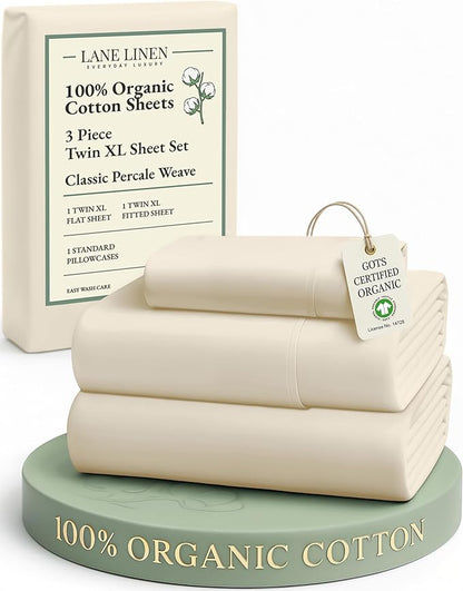 LANE LINEN 100% Organic Cotton Twin XL Sheets Set, 3-Piece Pure Organic Cotton Percale Sheets, Cotton Bedsheets, Ultra Soft Bedding Sheets, Breathable, Fits Mattress Upto 15" Deep - Natural