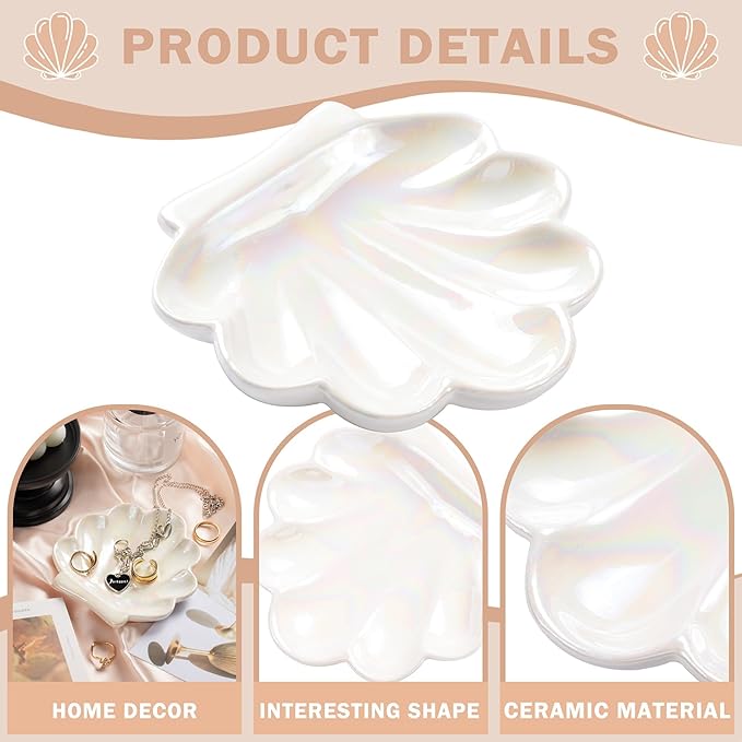 OSOPOLA Ceramic Pearlescent Shell Jewelry Tray - Decorative Ring Holder Dish Key Tray Cute Jewelry Plate Trinket for Women,Home Decor,Christmas Birthday Gifts HE02CS