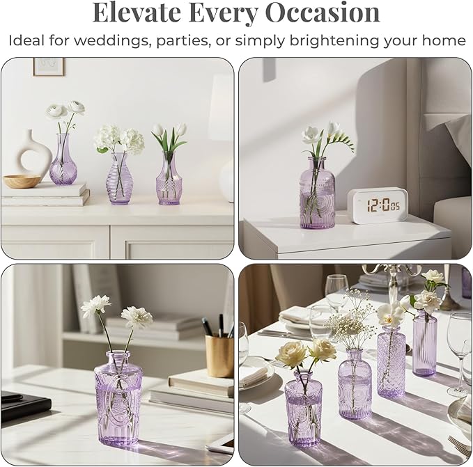 BEAHOT 32 Pack Purple Bud Vase in Bulk,Mini Vintage Glass Flower Vases for Centerpieces,Wedding Decor,Party & Home Decaration,Mother's Day (Purple)