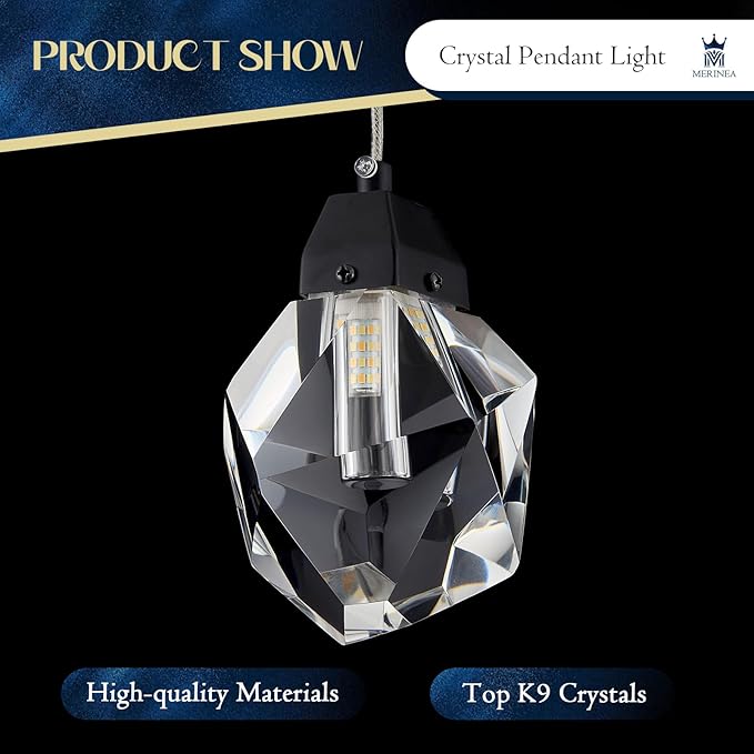 1-Light Black Crystal Pendant Light, Modern Mini Hanging Ceiling Light with Diamond K9 Prism, Dimmable LED Pendant Lamp for Kitchen Island, Dining Room, Bedroom, Hallway, Bar