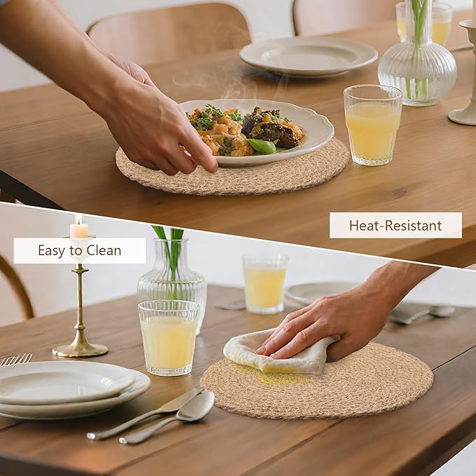 12 Inch Round Woven Placemats Set of 6, Natural Jute Braided Placemats, Boho Farmhouse Place Mats, Heat Resistant, Sound Table Mats for Dining Table, Kitchen, Outdoor, Home Decorations, Wedding