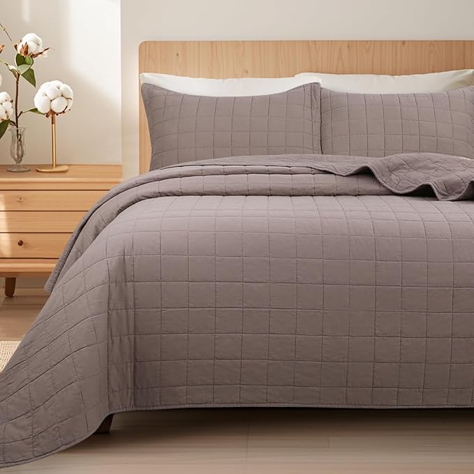 Quilt Queen Size Bedding Sets - 100% Cotton Lightweight Luxury Comforter Set, Full Size Stitching Bedspreads Coverlet with 2 Pillowcase Suit for All Season, Brown