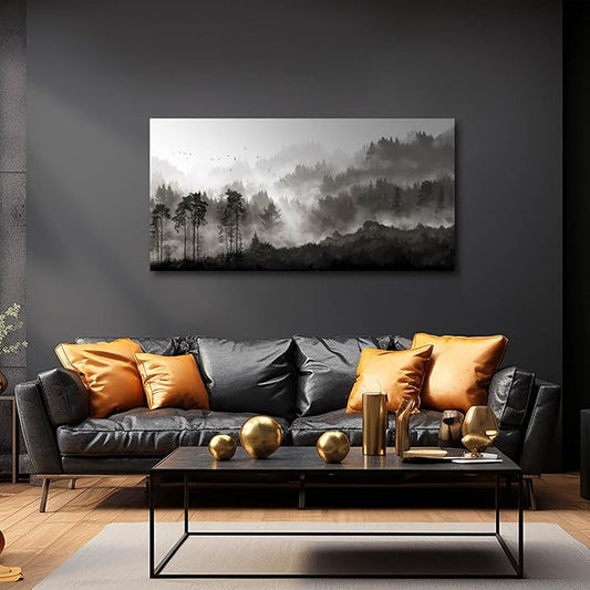YJYart Landscape Wall Art Black Forest Tree Painting for Bedroom Living Room Kitchen Office Well Decoration Ready to Hang 24x48 Inches