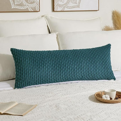 Kevin Textile 14x36 Inch Long Lumbar 1 Pack Boho Decorative Throw Pillow Cover Soft Striped Corduroy Rectangle Cushion Case Farmhouse Solid Color Accent for Living Room Couch Sofa Bed, Teal Blue