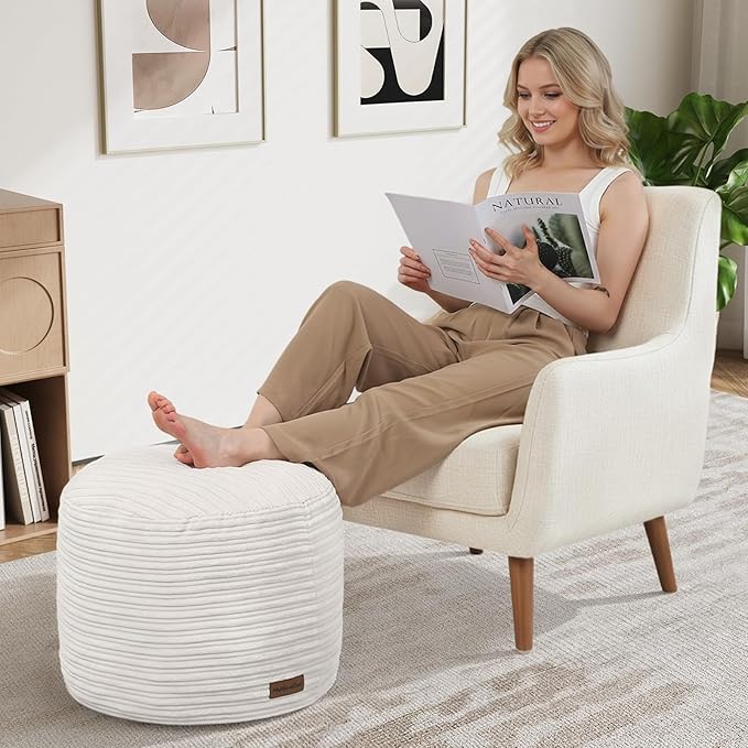 MeMoreCool Stuffed Round Pouf Ottoman Foot Rest, Soft Plush Floor Pouf Foot Stool, Corduray Footstool Footrest, Small Round Ottoman for Living Room Couch Sofa Chair, 20x15 Inch Beige