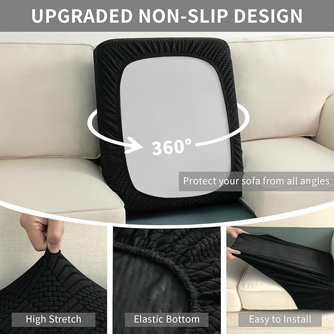 Easy-Going Waterproof Couch Cushion Covers for Couches and Sofas, Stretch Jacquard Sofa Seat Cover Replacement for Dogs, Pets & Kids, Durable Furniture Protector for Oversized Sofa Cushions, Black
